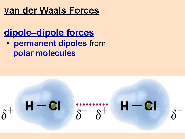 van der Waals Forces dipole–dipole forces • permanent dipoles from polar molecules H Cl