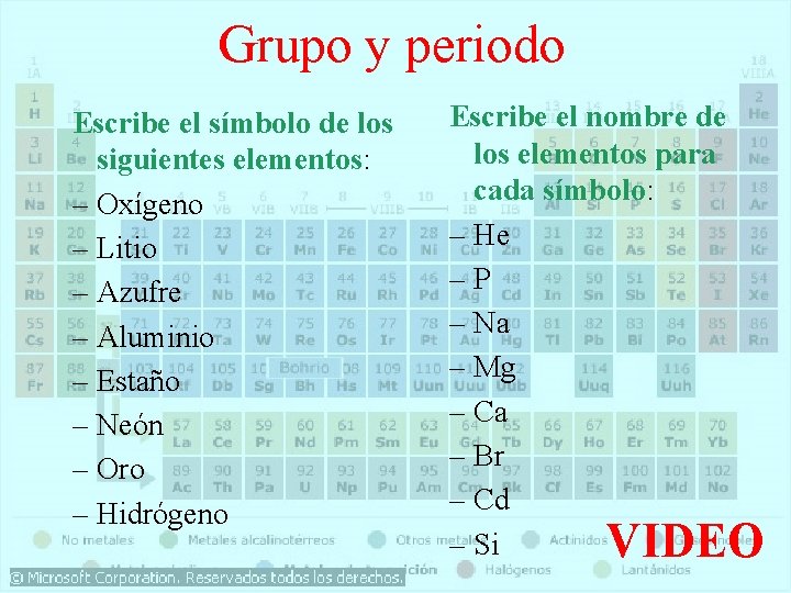 Grupo y periodo Escribe el símbolo de los siguientes elementos: – Oxígeno – Litio Grupo y periodo Escribe el símbolo de los siguientes elementos: – Oxígeno – Litio