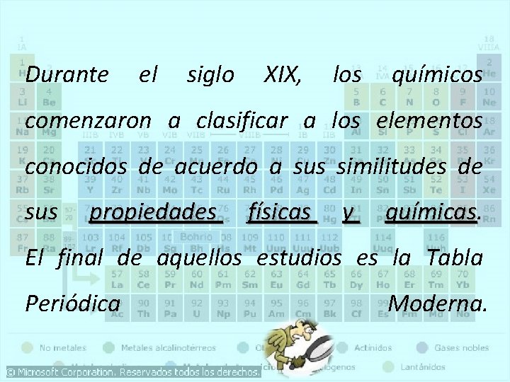Durante el siglo XIX, los químicos comenzaron a clasificar a los elementos conocidos de Durante el siglo XIX, los químicos comenzaron a clasificar a los elementos conocidos de