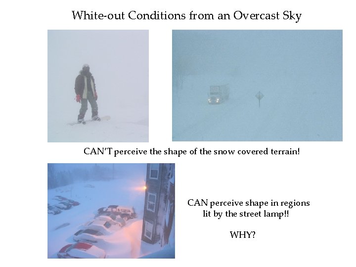 White-out Conditions from an Overcast Sky CAN’T perceive the shape of the snow covered