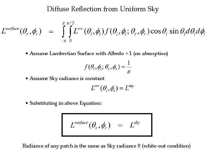 Diffuse Reflection from Uniform Sky • Assume Lambertian Surface with Albedo = 1 (no