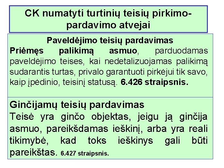 CK numatyti turtinių teisių pirkimopardavimo atvejai Paveldėjimo teisių pardavimas Priėmęs palikimą asmuo, parduodamas paveldėjimo