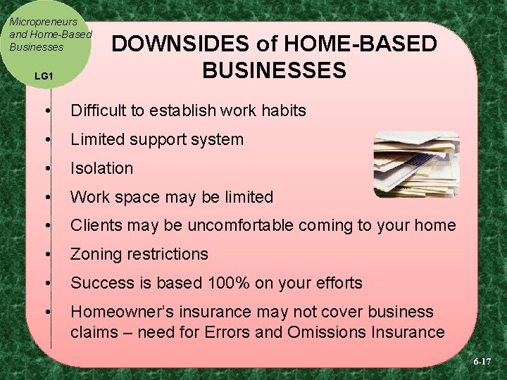 Micropreneurs and Home-Based Businesses LG 1 DOWNSIDES of HOME-BASED BUSINESSES • Difficult to establish