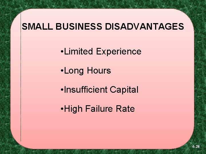 SMALL BUSINESS DISADVANTAGES • Limited Experience • Long Hours • Insufficient Capital • High