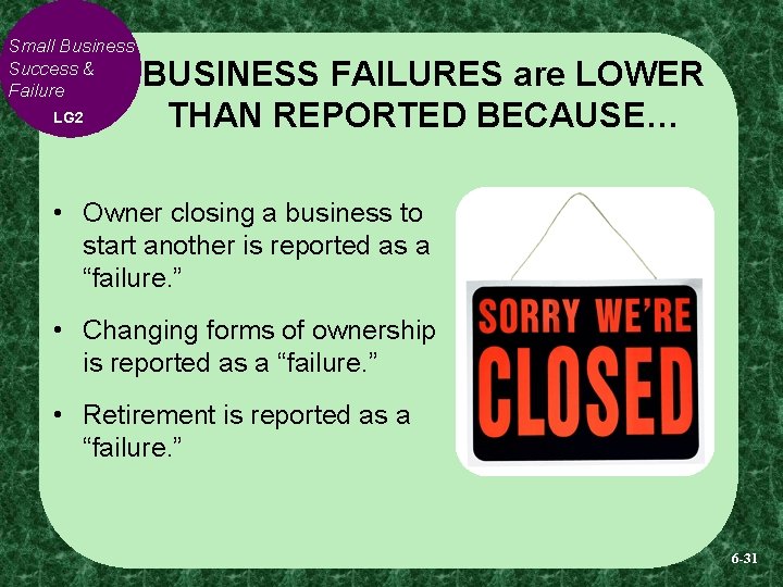 Small Business Success & Failure LG 2 BUSINESS FAILURES are LOWER THAN REPORTED BECAUSE…