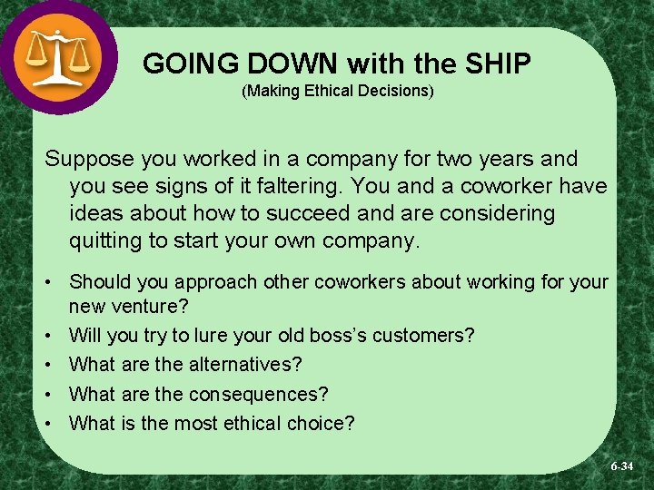 GOING DOWN with the SHIP (Making Ethical Decisions) Suppose you worked in a company