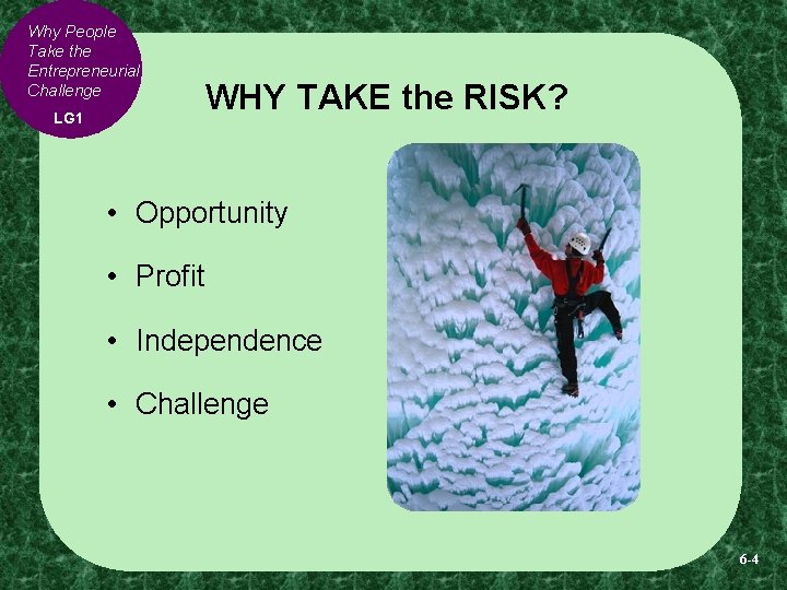 Why People Take the Entrepreneurial Challenge LG 1 WHY TAKE the RISK? • Opportunity