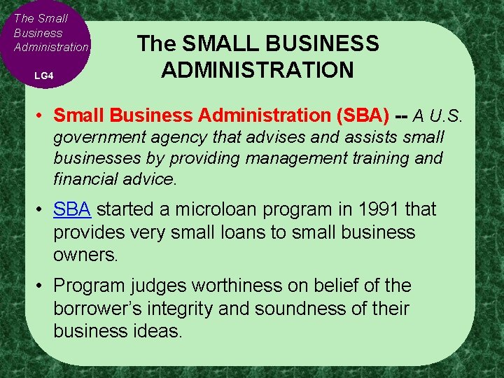 The Small Business Administration LG 4 The SMALL BUSINESS ADMINISTRATION • Small Business Administration