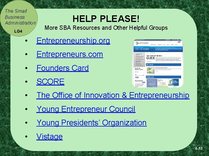 The Small Business Administration LG 4 HELP PLEASE! More SBA Resources and Other Helpful