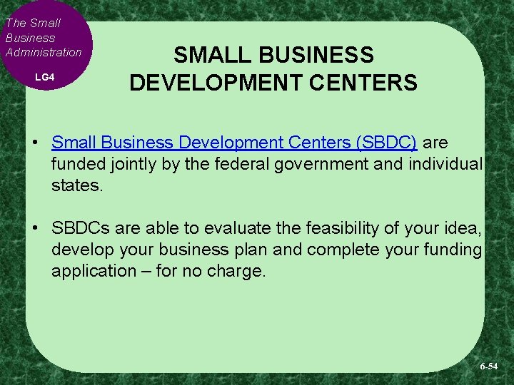 The Small Business Administration LG 4 SMALL BUSINESS DEVELOPMENT CENTERS • Small Business Development