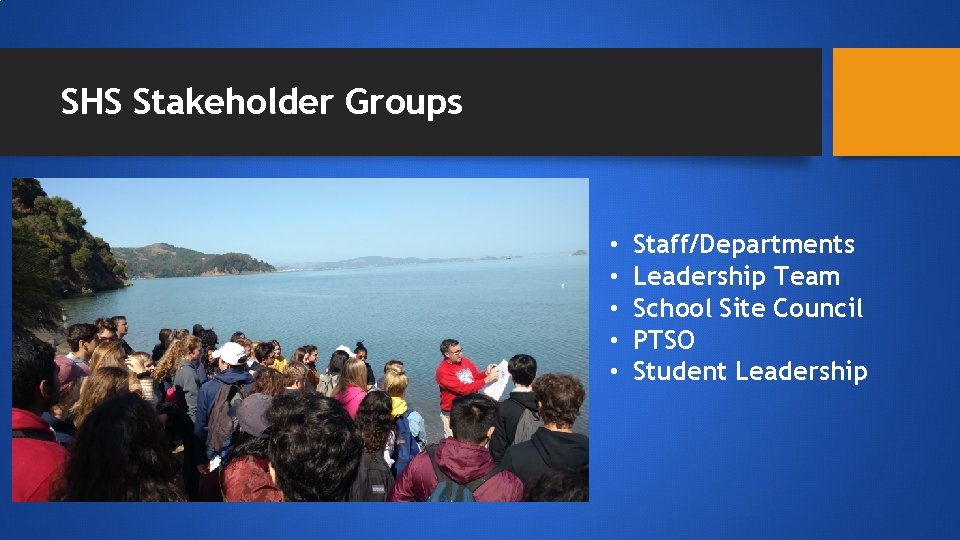 SHS Stakeholder Groups • • • Staff/Departments Leadership Team School Site Council PTSO Student