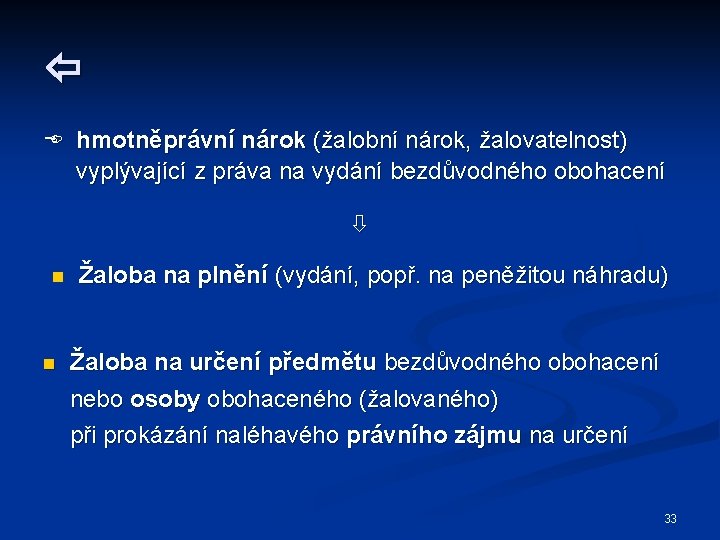  hmotněprávní nárok (žalobní nárok, žalovatelnost) vyplývající z práva na vydání bezdůvodného obohacení n