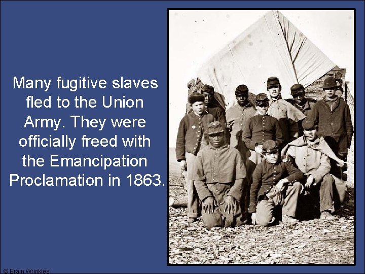 Many fugitive slaves fled to the Union Army. They were officially freed with the