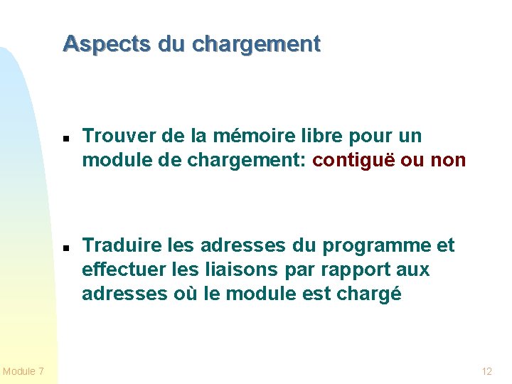 Aspects du chargement n n Module 7 Trouver de la mémoire libre pour un