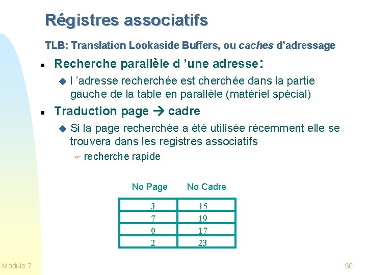Régistres associatifs TLB: Translation Lookaside Buffers, ou caches d’adressage n Recherche parallèle d ’une