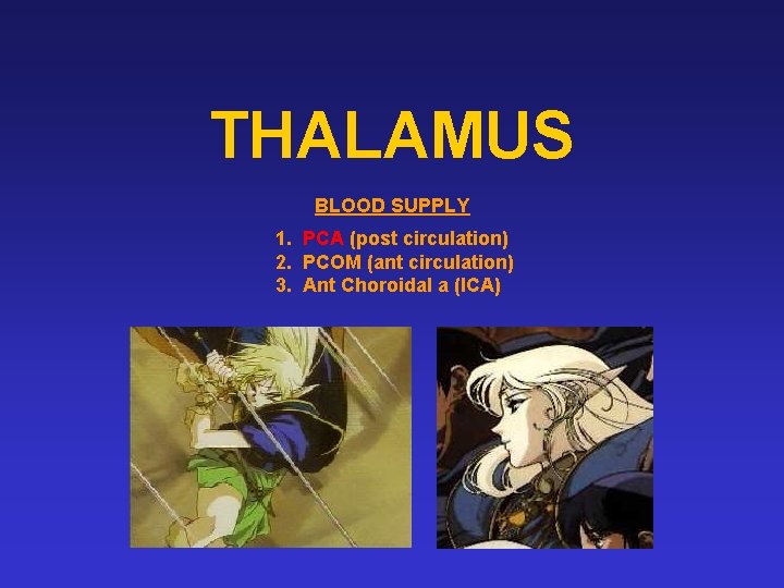 THALAMUS BLOOD SUPPLY 1. PCA (post circulation) 2. PCOM (ant circulation) 3. Ant Choroidal