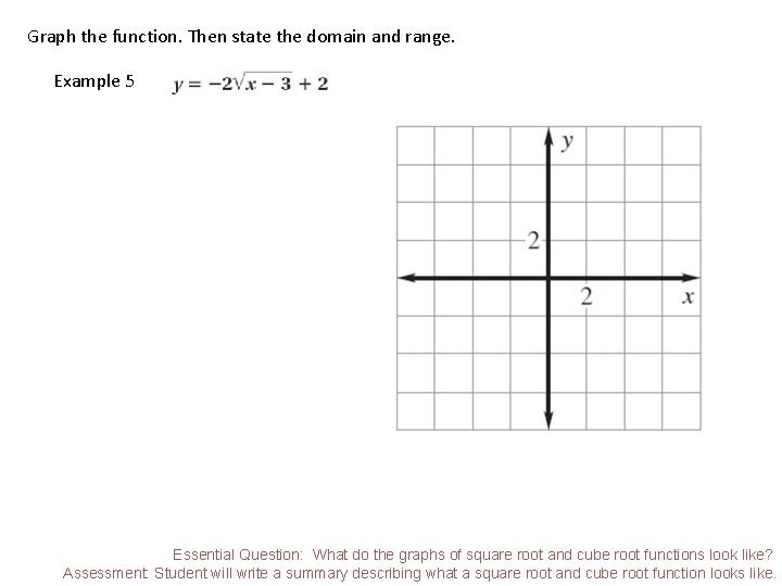 Graph the function. Then state the domain and range. Example 5 Essential Question: What