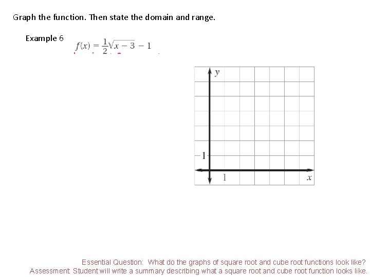 Graph the function. Then state the domain and range. Example 6 Essential Question: What