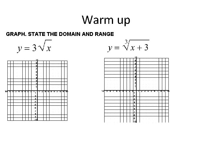 Warm up GRAPH. STATE THE DOMAIN AND RANGE 