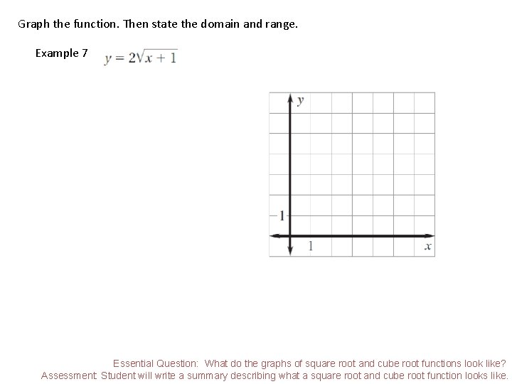 Graph the function. Then state the domain and range. Example 7 Essential Question: What