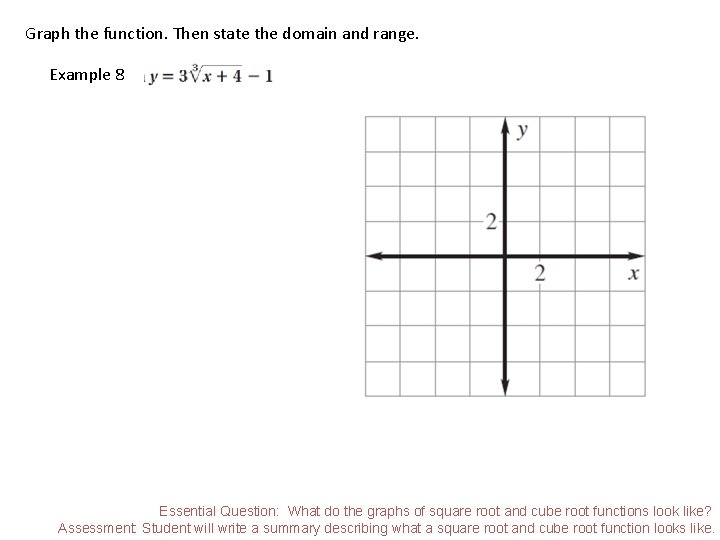 Graph the function. Then state the domain and range. Example 8 Essential Question: What