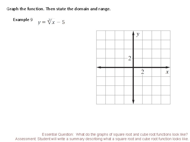 Graph the function. Then state the domain and range. Example 9 Essential Question: What