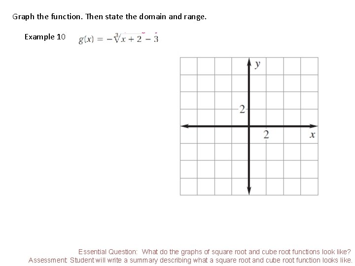 Graph the function. Then state the domain and range. Example 10 Essential Question: What