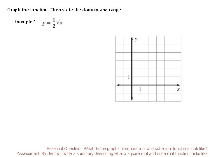 Graph the function. Then state the domain and range. Example 1 Essential Question: What