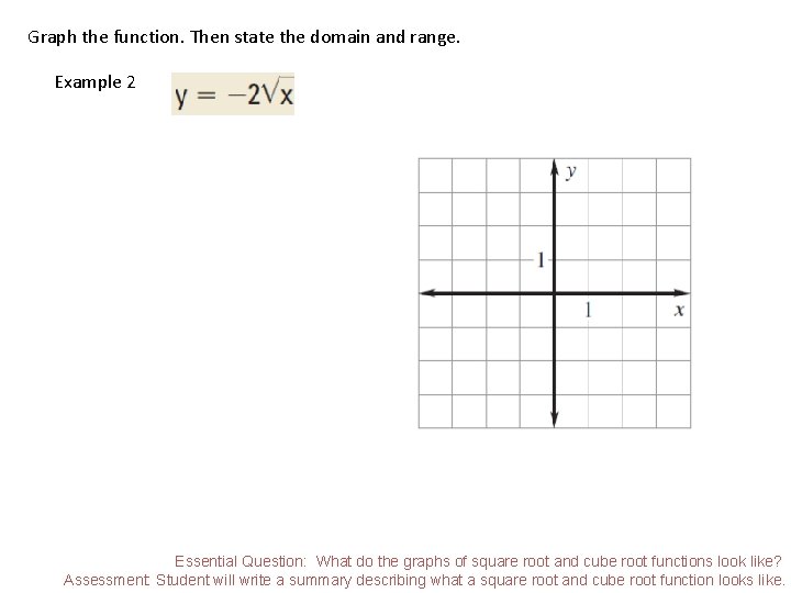 Graph the function. Then state the domain and range. Example 2 Essential Question: What