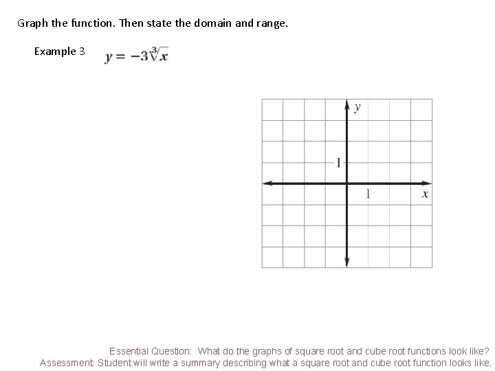 Graph the function. Then state the domain and range. Example 3 Essential Question: What