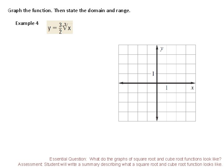 Graph the function. Then state the domain and range. Example 4 Essential Question: What