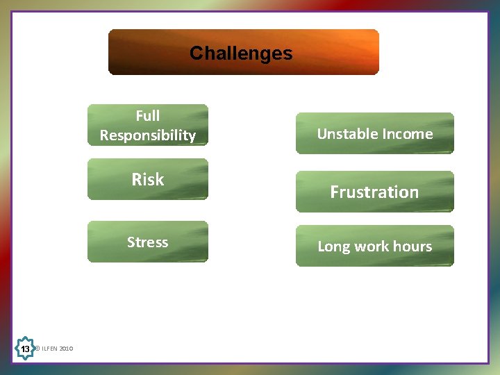 Challenges Full Responsibility Risk Stress 13 © ILFEN 2010 Unstable Income Frustration Long work