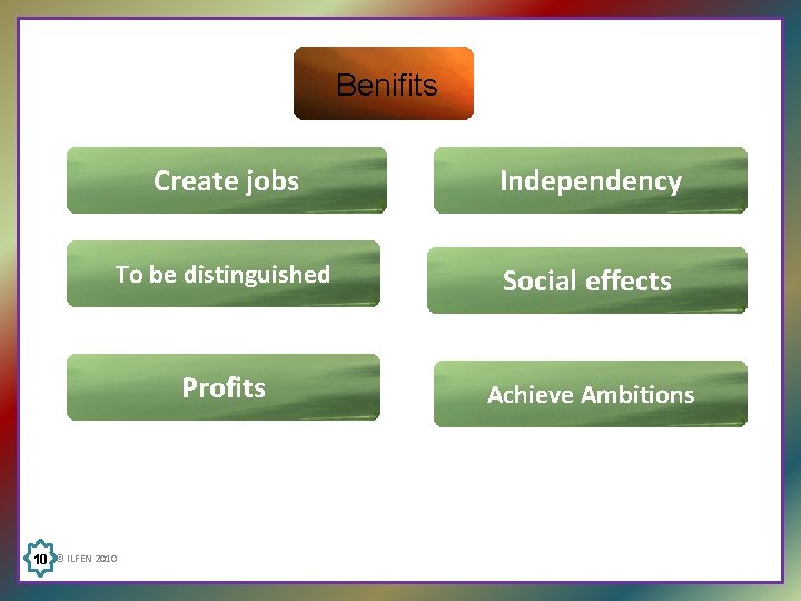 Benifits Create jobs Independency To be distinguished Social effects Profits Achieve Ambitions 10 © Benifits Create jobs Independency To be distinguished Social effects Profits Achieve Ambitions 10 ©