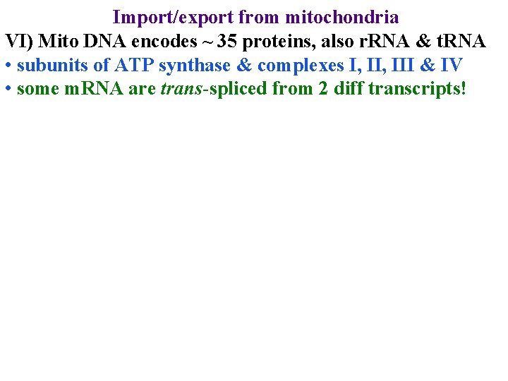 Import/export from mitochondria VI) Mito DNA encodes ~ 35 proteins, also r. RNA &