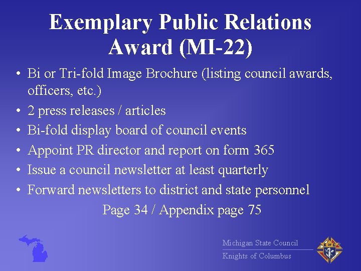 Exemplary Public Relations Award (MI-22) • Bi or Tri-fold Image Brochure (listing council awards,