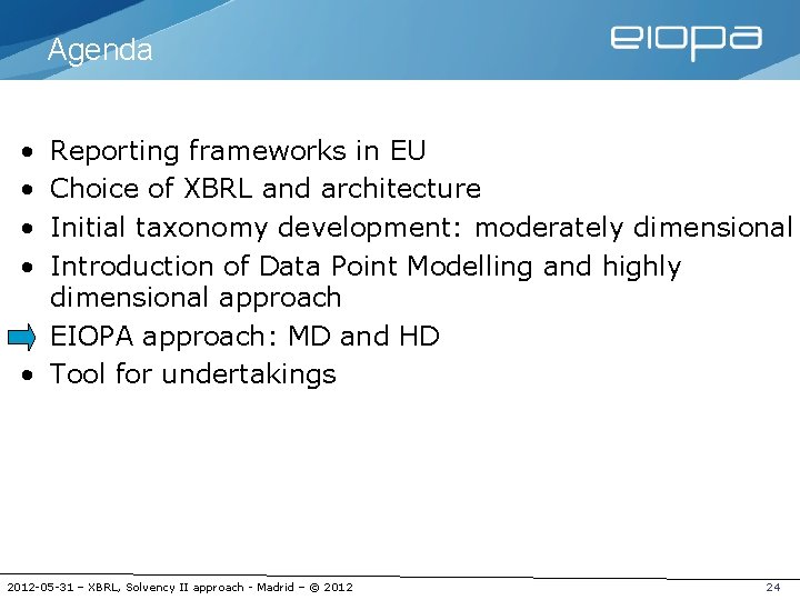 Agenda • • Reporting frameworks in EU Choice of XBRL and architecture Initial taxonomy