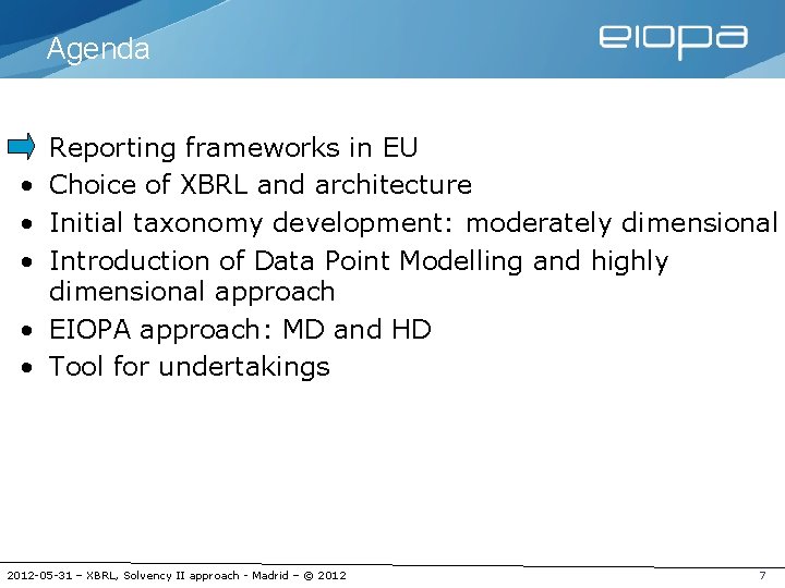 Agenda • • Reporting frameworks in EU Choice of XBRL and architecture Initial taxonomy