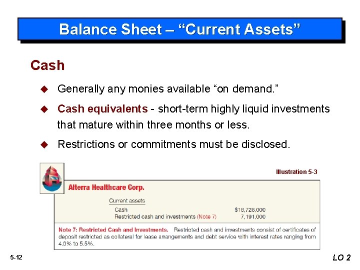 Balance Sheet – “Current Assets” Cash u Generally any monies available “on demand. ”