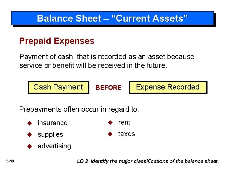 Balance Sheet – “Current Assets” Prepaid Expenses Payment of cash, that is recorded as