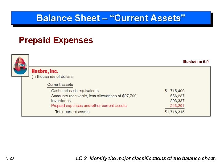 Balance Sheet – “Current Assets” Prepaid Expenses Illustration 5 -9 5 -20 LO 2