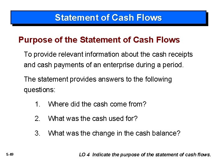 Statement of Cash Flows Purpose of the Statement of Cash Flows To provide relevant