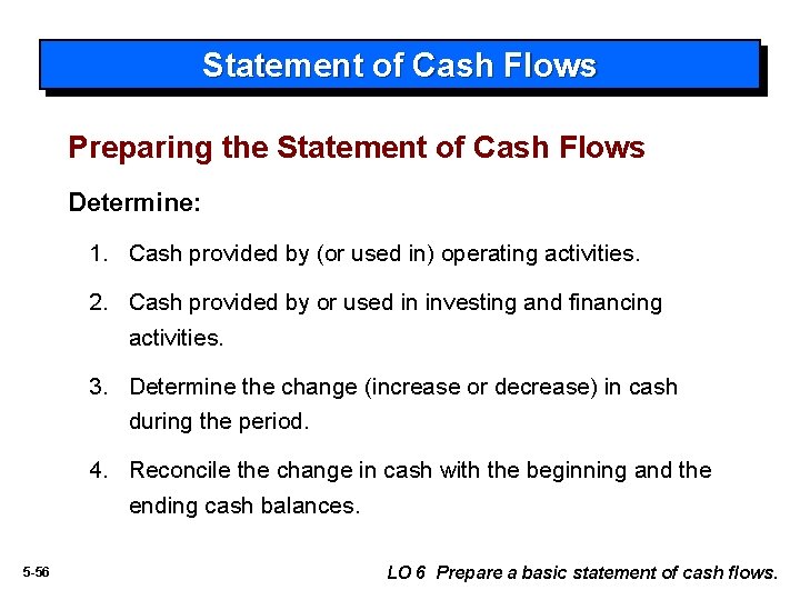 Statement of Cash Flows Preparing the Statement of Cash Flows Determine: 1. Cash provided