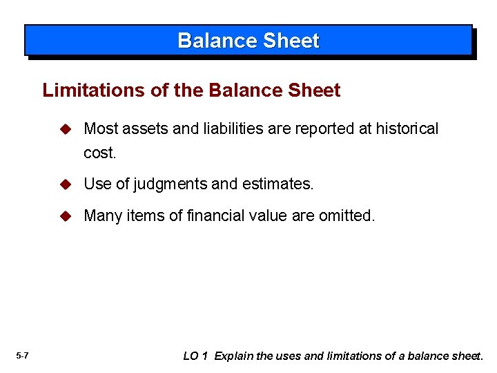 Balance Sheet Limitations of the Balance Sheet 5 -7 u Most assets and liabilities