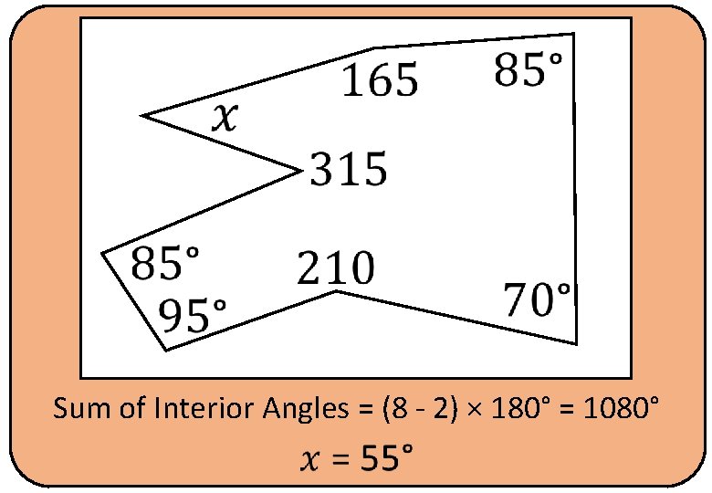  Sum of Interior Angles = (8 - 2) × 180° = 1080° 