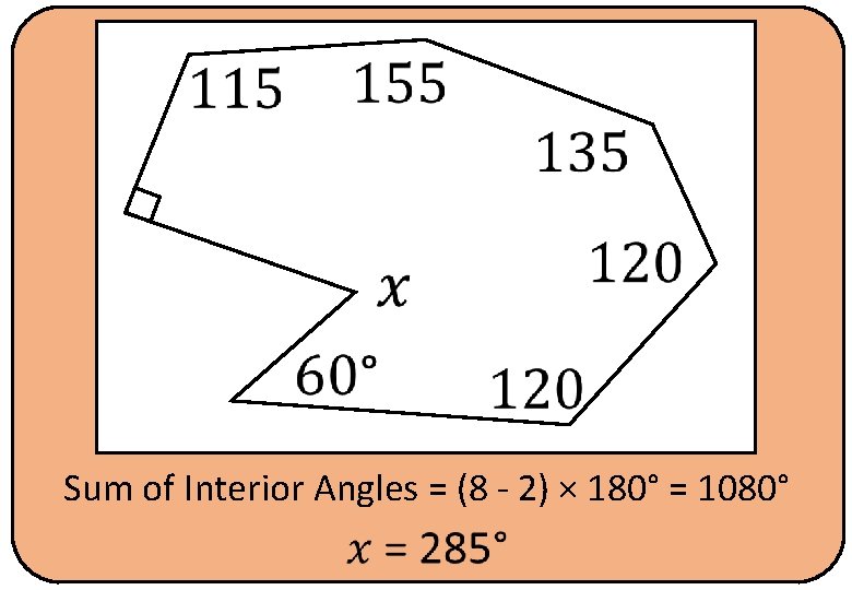  Sum of Interior Angles = (8 - 2) × 180° = 1080° 