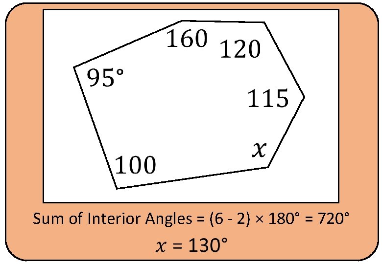 Sum of Interior Angles = (6 - 2) × 180° = 720° 