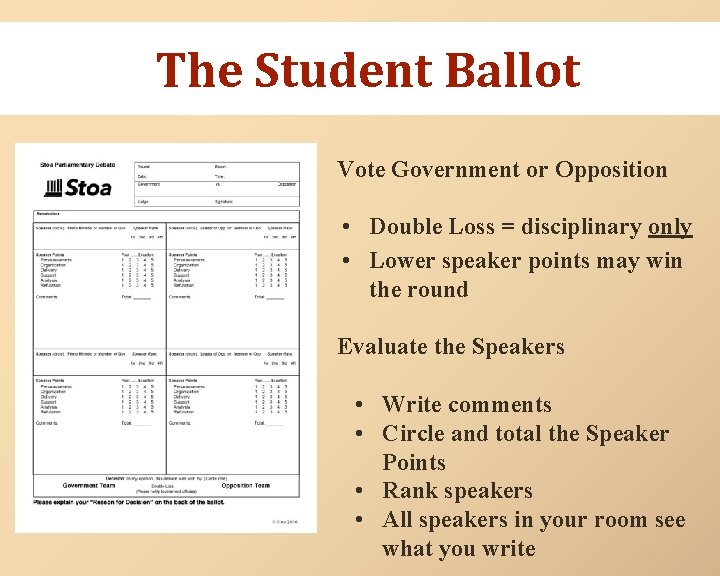 The Student Ballot Vote Government or Opposition • Double Loss = disciplinary only •