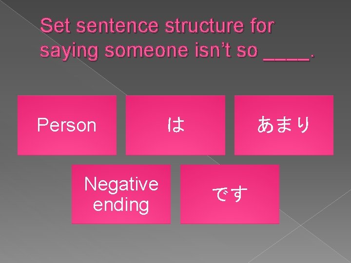 Set sentence structure for saying someone isn’t so ____. Person Negative ending は あまり