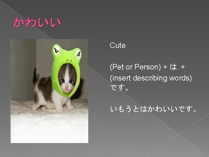 かわいい Cute (Pet or Person) + は + (insert describing words) です。 いもうとはかわいいです。 