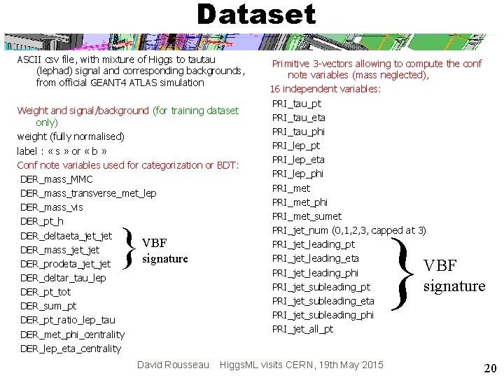 Dataset ASCII csv file, with mixture of Higgs to tautau (lephad) signal and corresponding